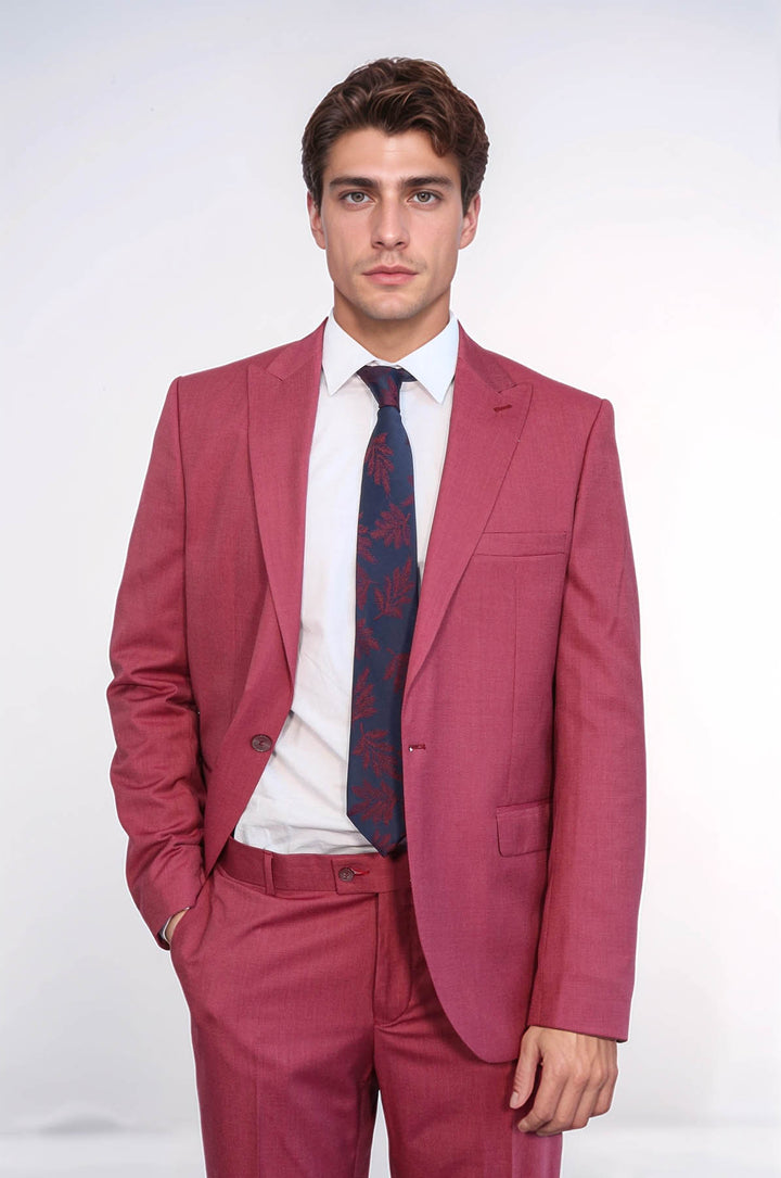 2 Parça Desenli Slim Fit Magenta Erkek Takım Elbise - Wessi