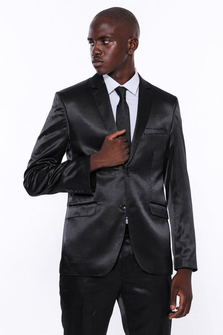 Two Piece Two Buttons Patterned Satin Black Men Suit