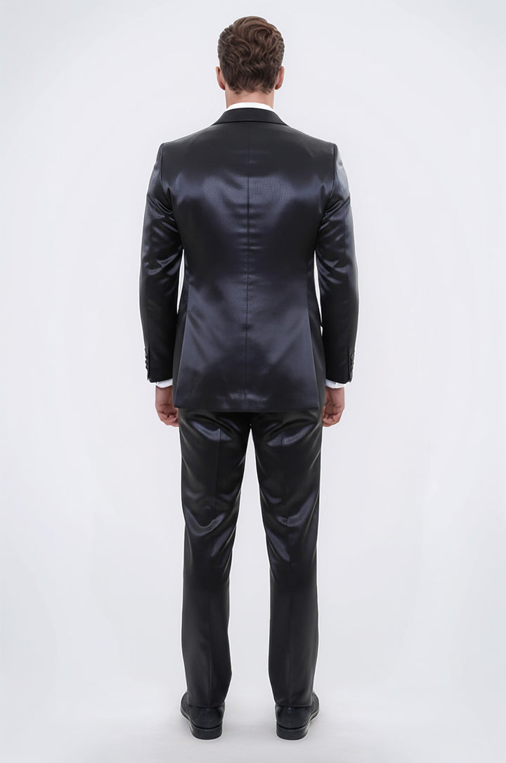 Two Piece Two Buttons Modeled Lapel Satin Black Men Groom Suit