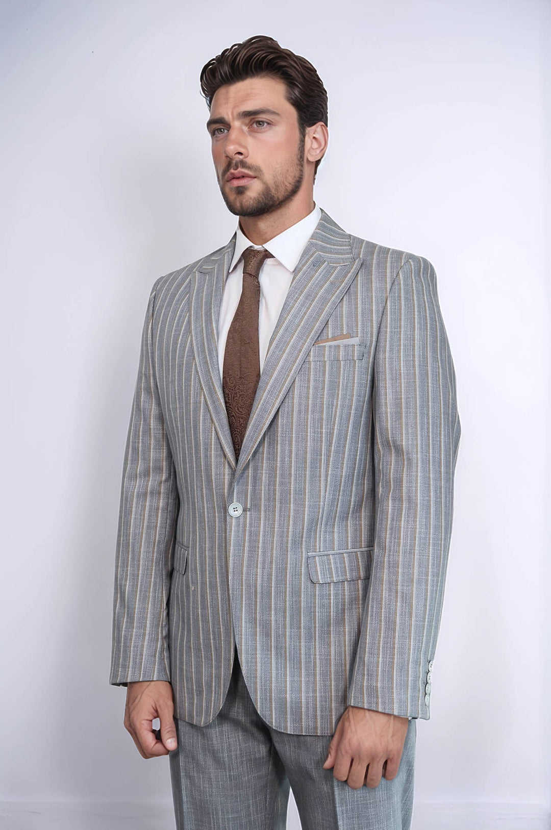 Blazer de rayas con pantalón liso, traje gris para hombre - Wessi
