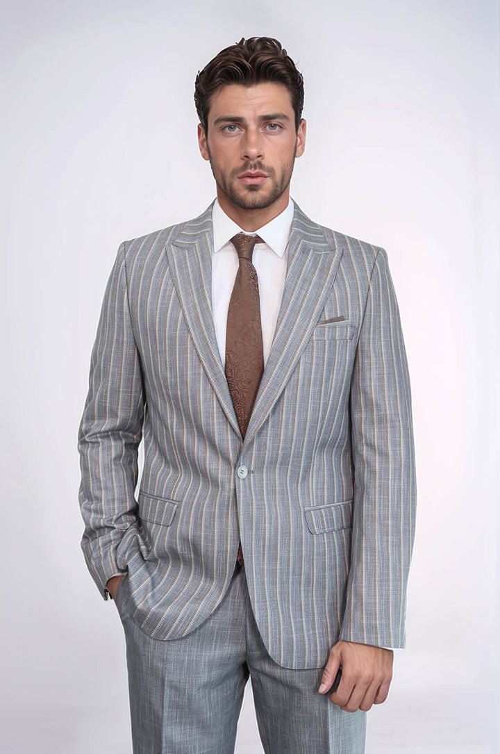 Blazer de rayas con pantalón liso, traje gris para hombre - Wessi