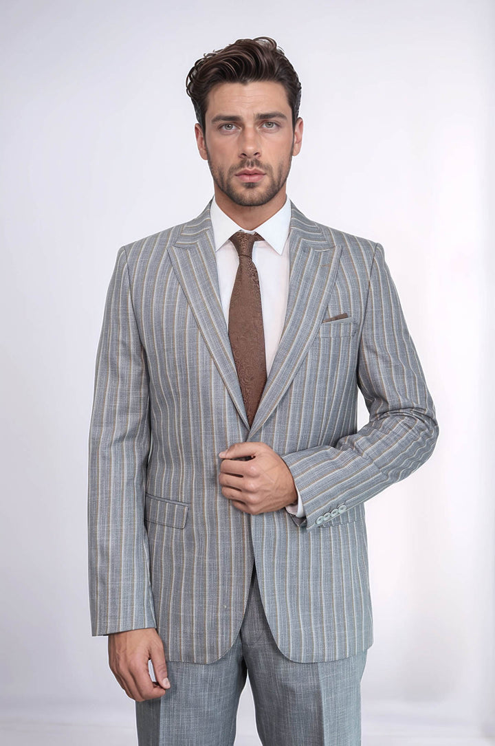 Blazer de rayas con pantalón liso, traje gris para hombre - Wessi