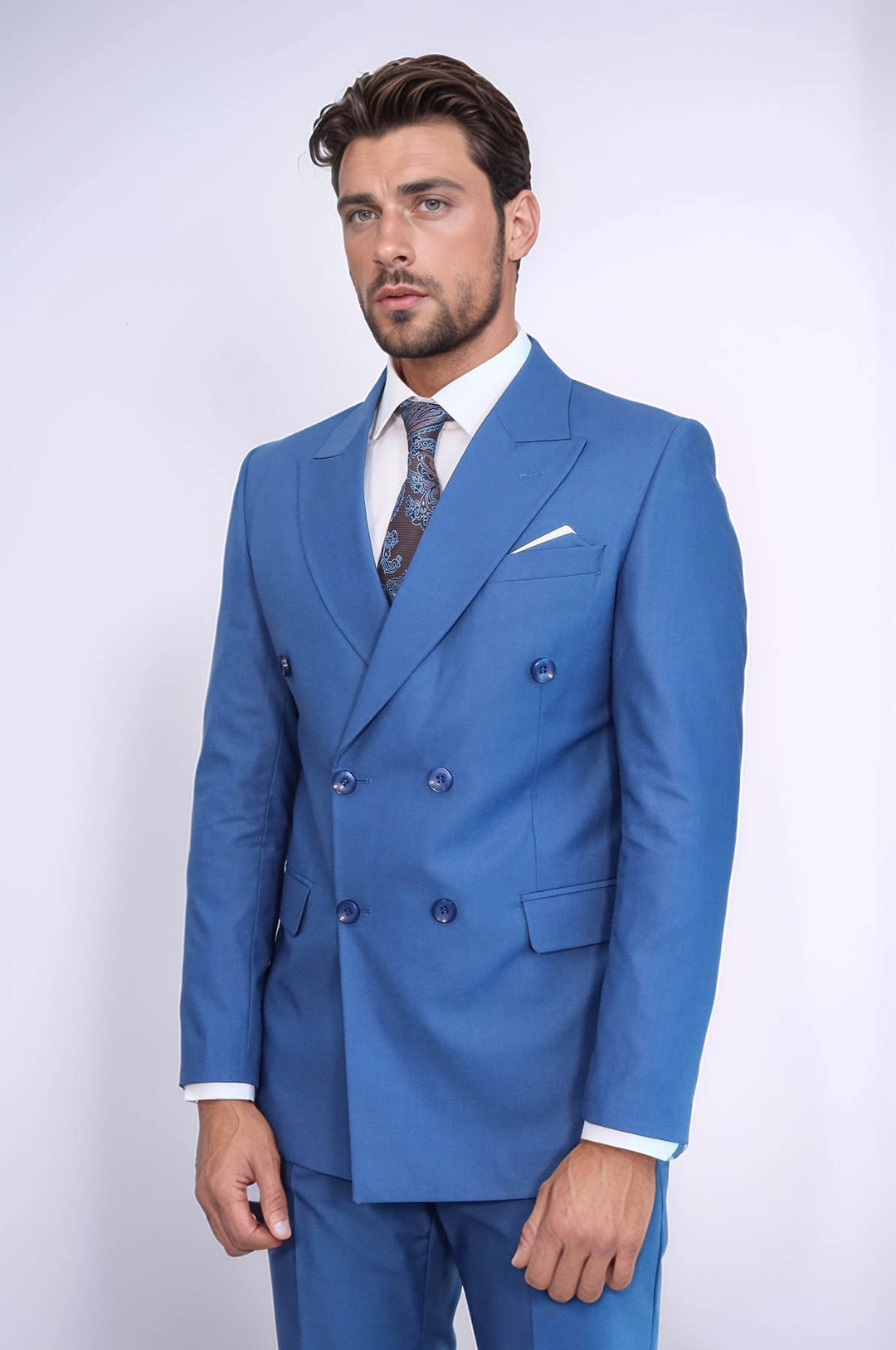 Çift Düğmeli Slim Fit Mavi Erkek Takım Elbise - Wessi