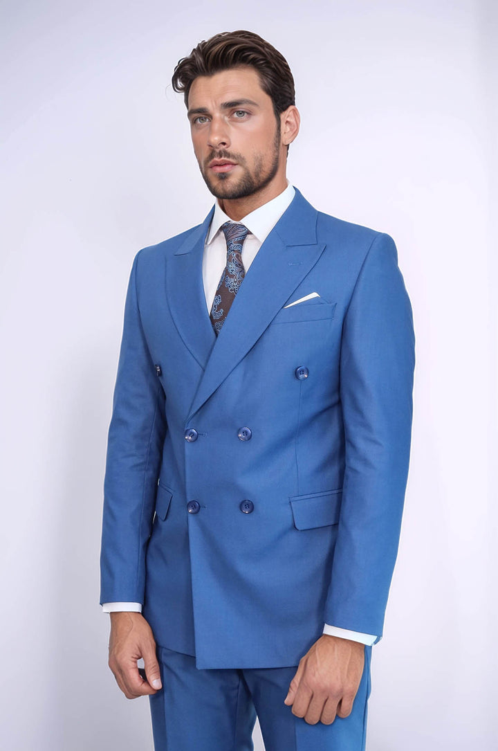 Çift Düğmeli Slim Fit Mavi Erkek Takım Elbise - Wessi