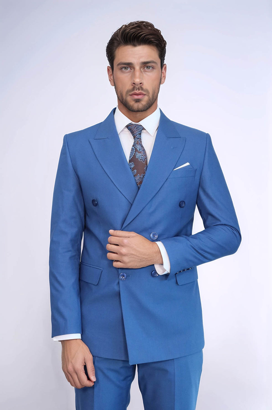 Çift Düğmeli Slim Fit Mavi Erkek Takım Elbise - Wessi