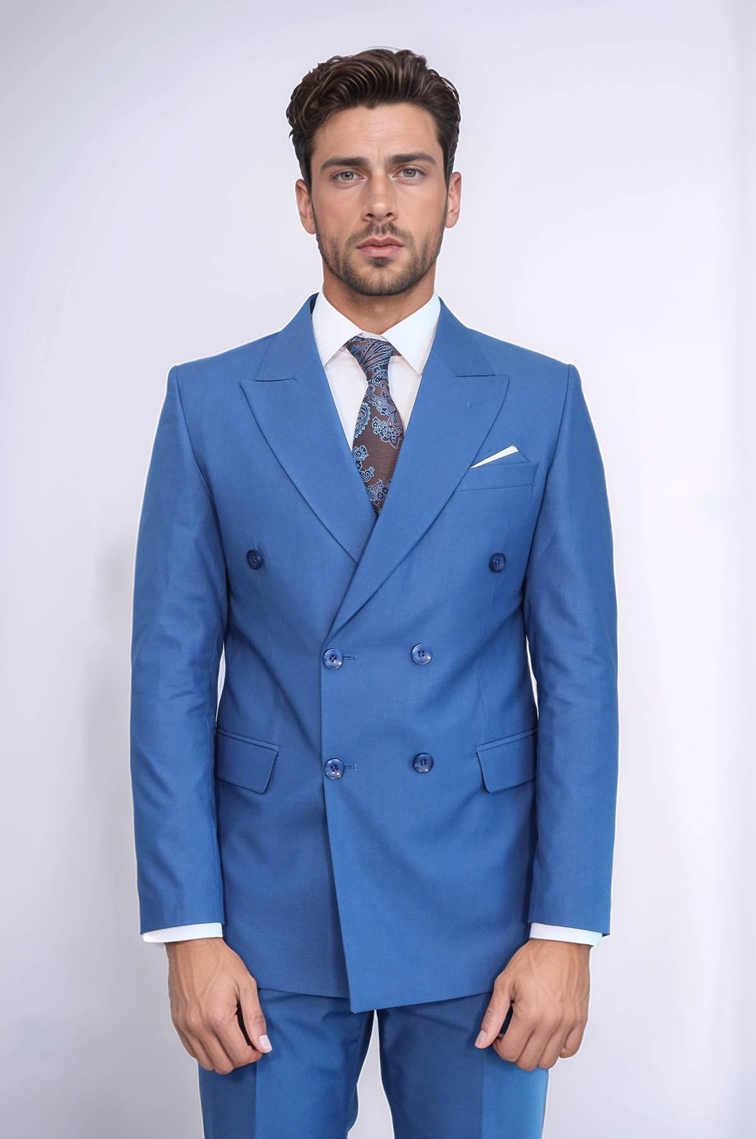 Çift Düğmeli Slim Fit Mavi Erkek Takım Elbise - Wessi