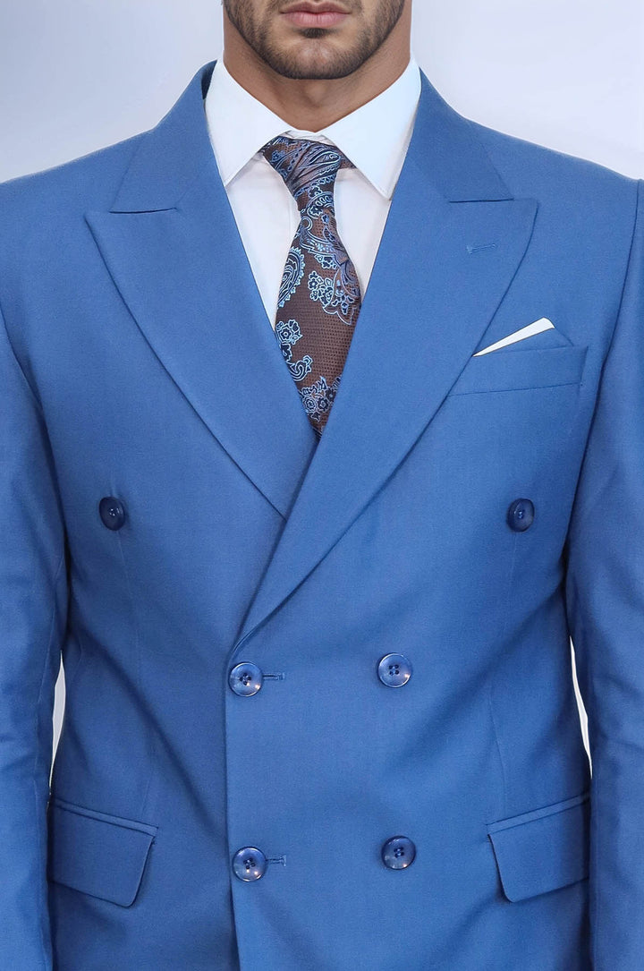 Çift Düğmeli Slim Fit Mavi Erkek Takım Elbise - Wessi