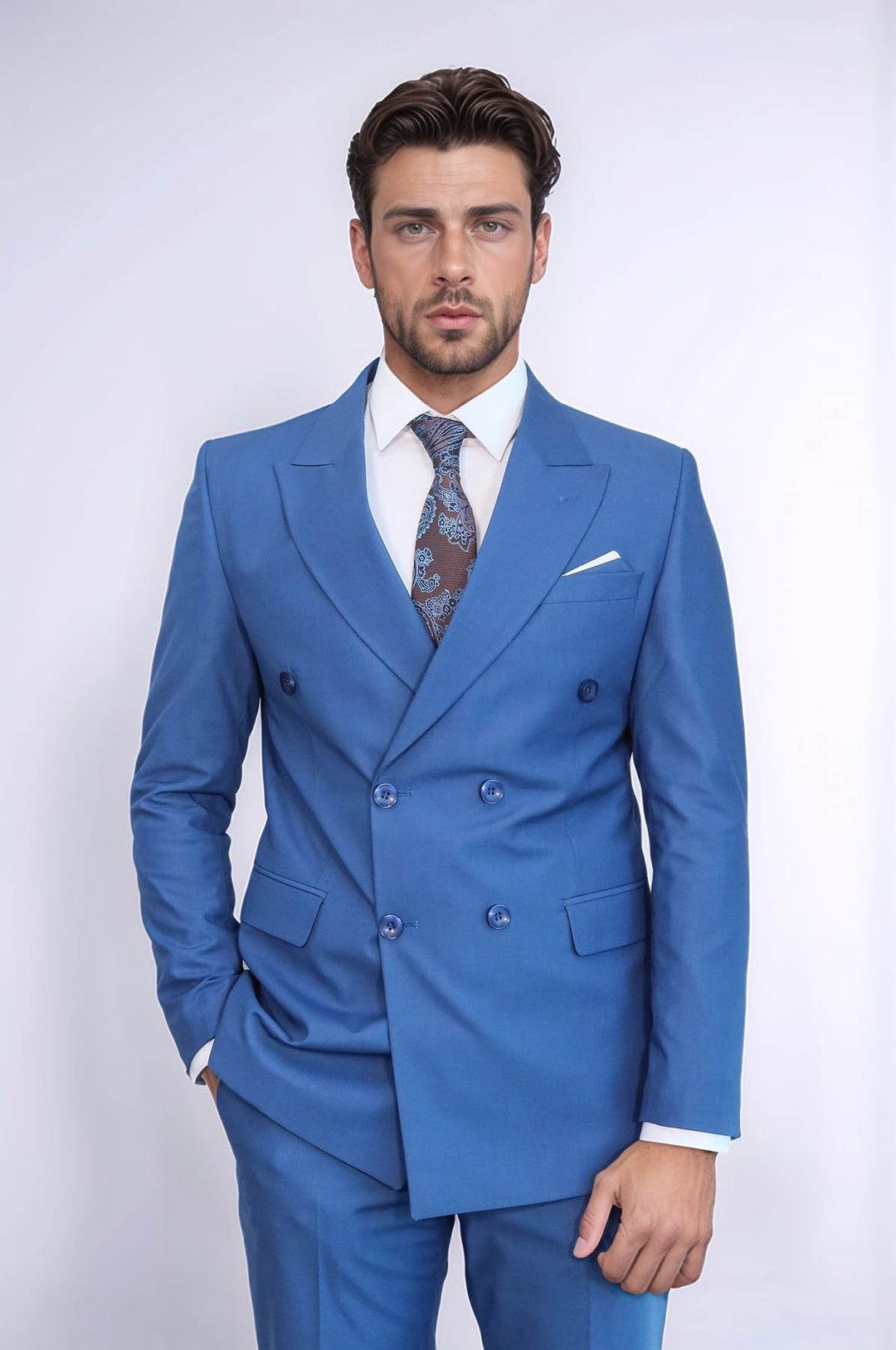 Çift Düğmeli Slim Fit Mavi Erkek Takım Elbise - Wessi