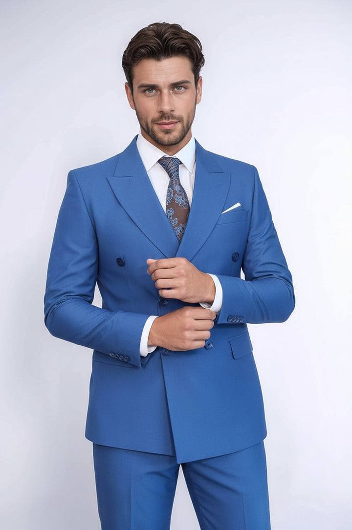 Çift Düğmeli Slim Fit Mavi Erkek Takım Elbise - Wessi