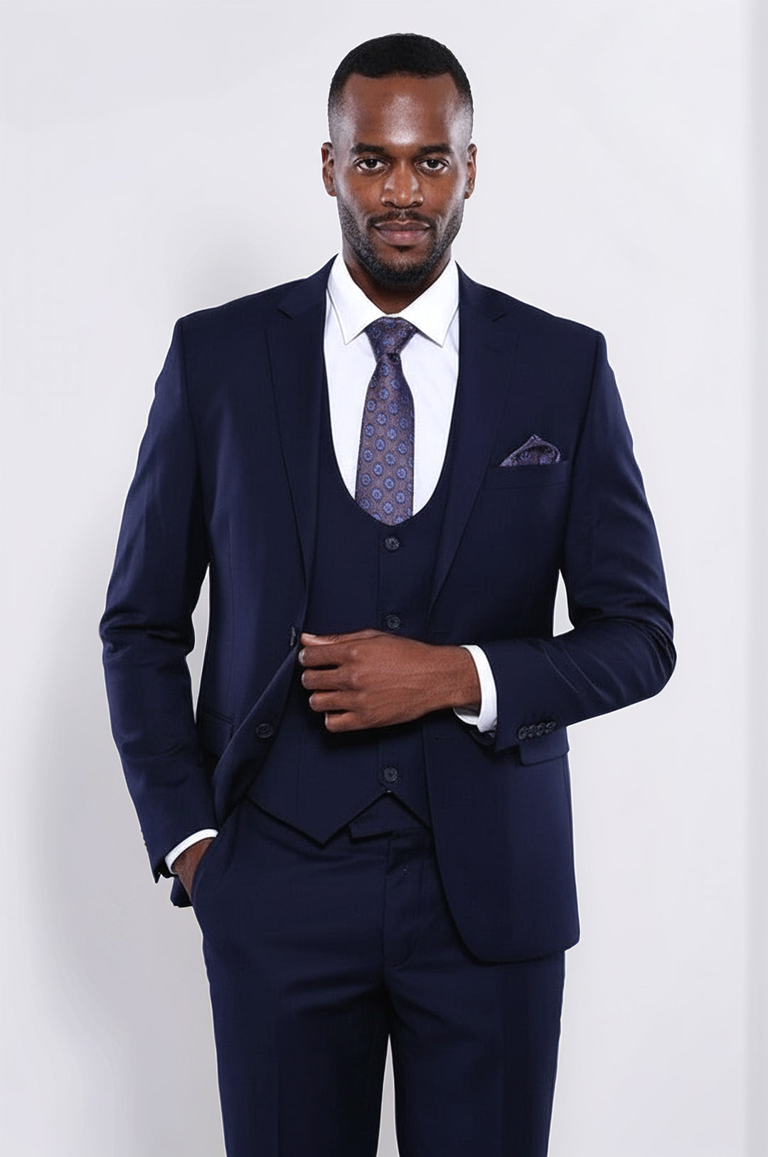 Navy Blue Plain 3-Piece Suit with Vest | Wessi