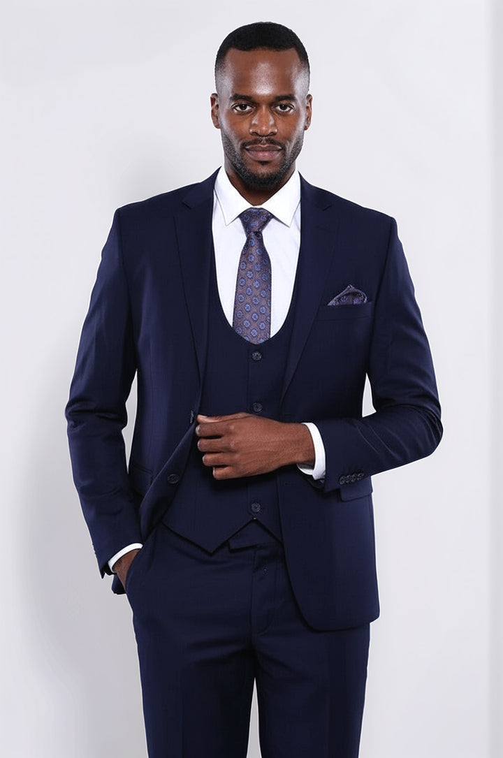 Navy Blue Plain 3-Piece Suit with Vest | Wessi