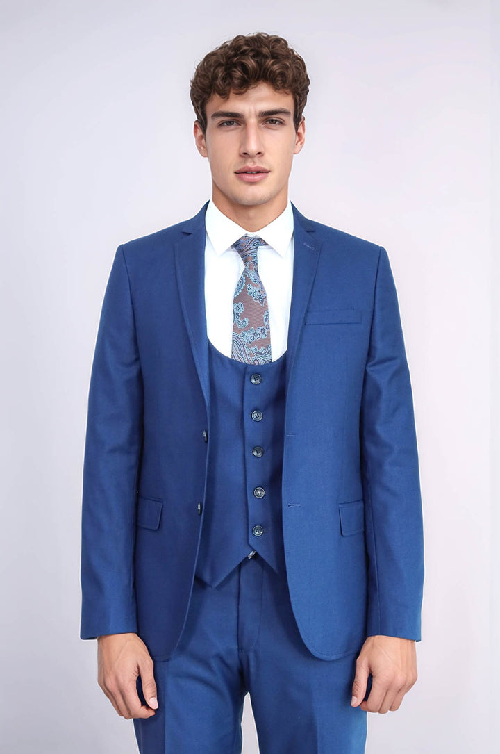 Plain Vested Navy Blue Men's Suit | Wessi