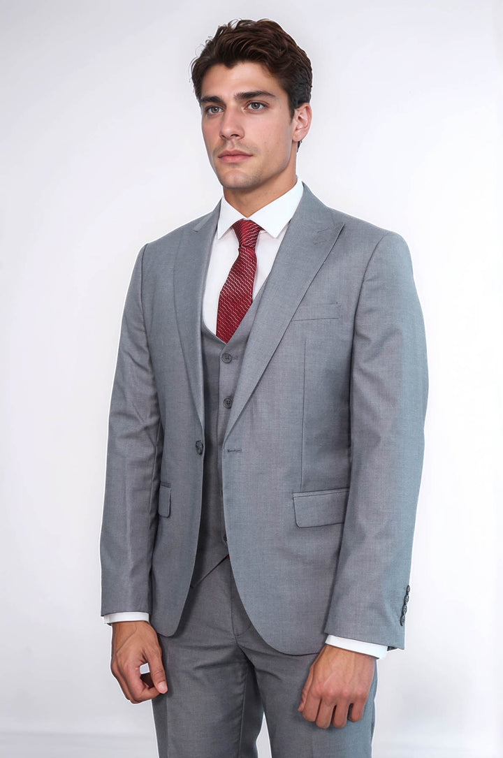 Grey Men's Plain Suit with Vest - Wessi