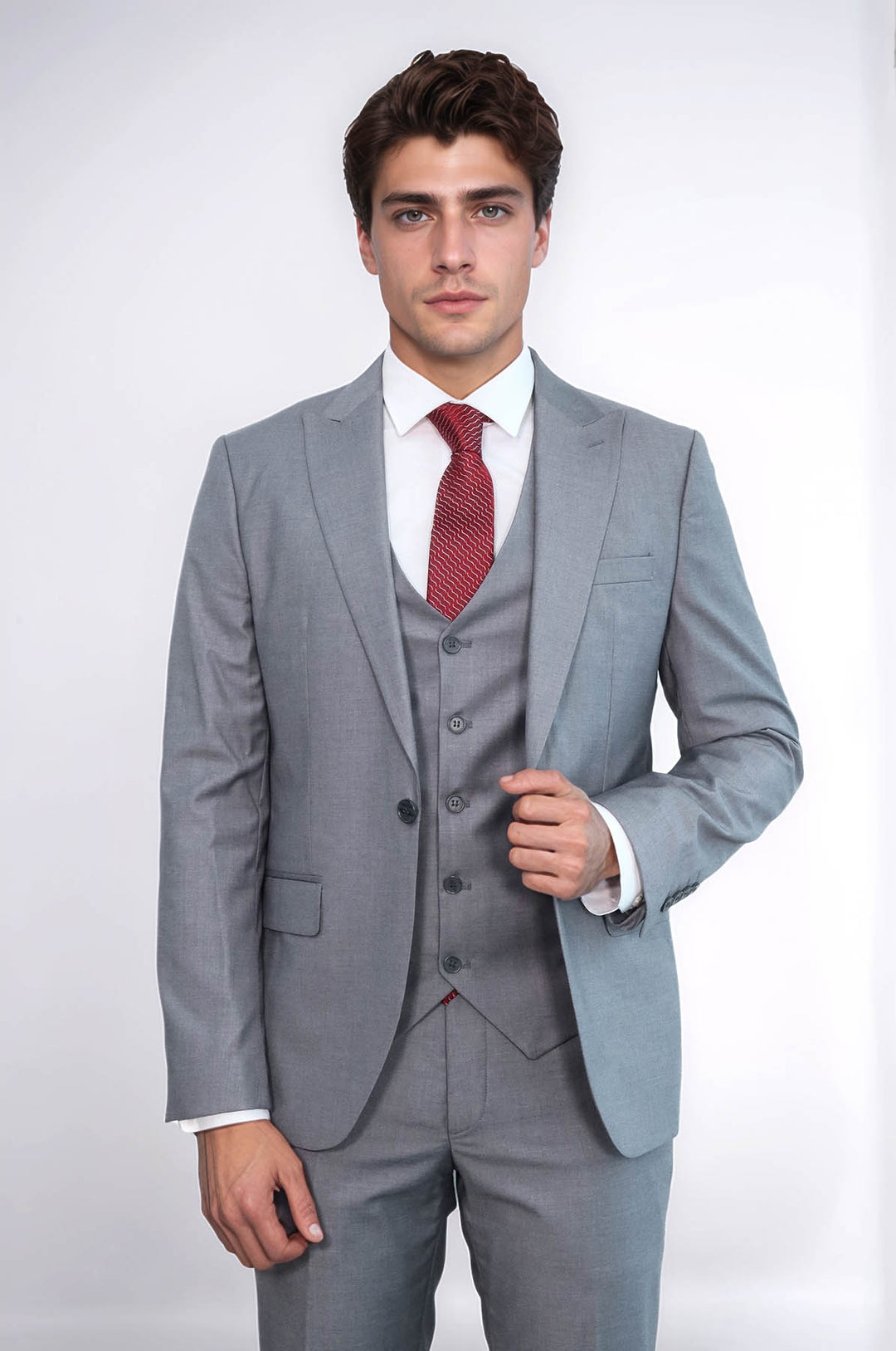 Grey Men's Plain Suit with Vest - Wessi
