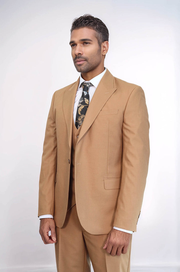 Plain Slim Fit Tan Men Suit - Wessi