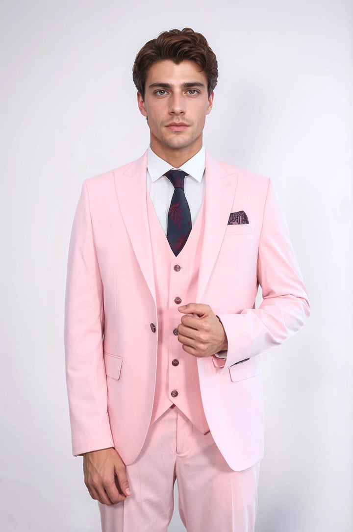 Pink Men's Plain Suit with Vest - Wessi