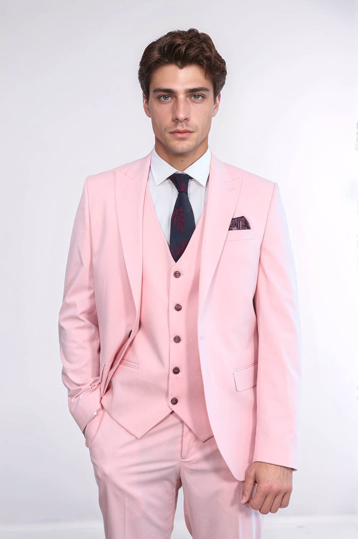 Pink Men's Plain Suit with Vest - Wessi