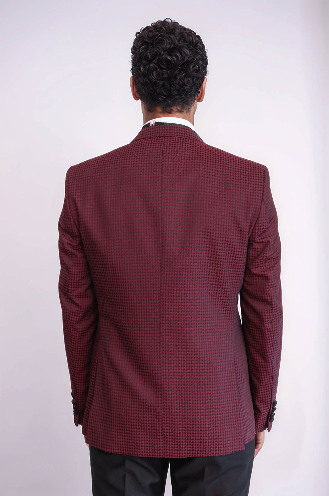 Patterned Blazer Plain Vest and Trousers Claret Red Tuxedo - Wessi