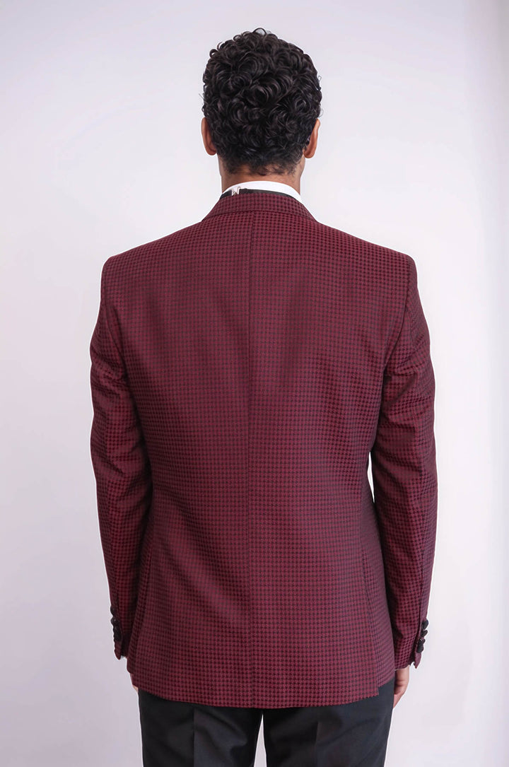 Patterned Blazer Plain Vest and Trousers Claret Red Tuxedo - Wessi