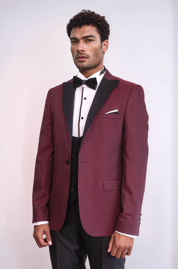 Patterned Blazer Plain Vest and Trousers Claret Red Tuxedo - Wessi