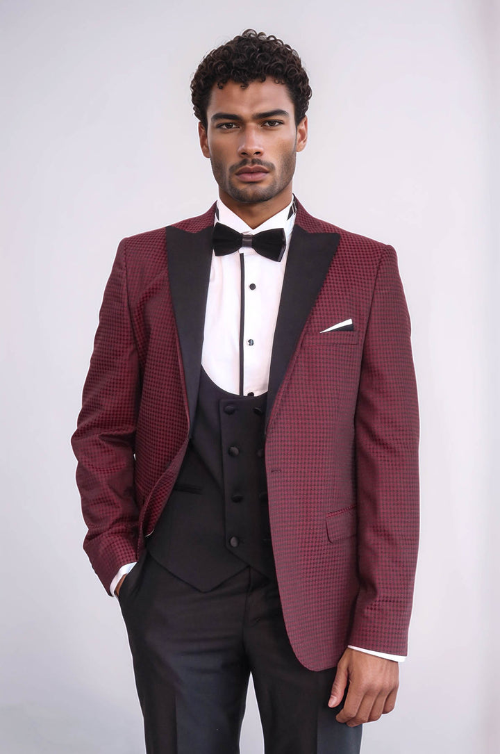 Patterned Blazer Plain Vest and Trousers Claret Red Tuxedo - Wessi