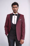 Patterned Blazer Plain Vest and Trousers Claret Red Tuxedo - Wessi