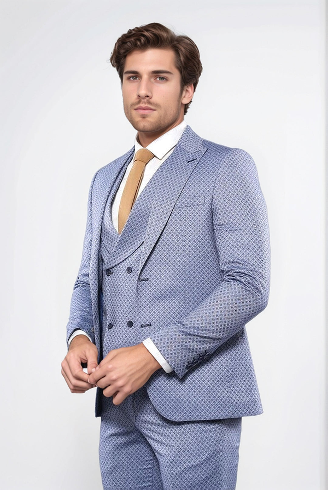 Traje azul con chaleco y estampado propio | Wessi