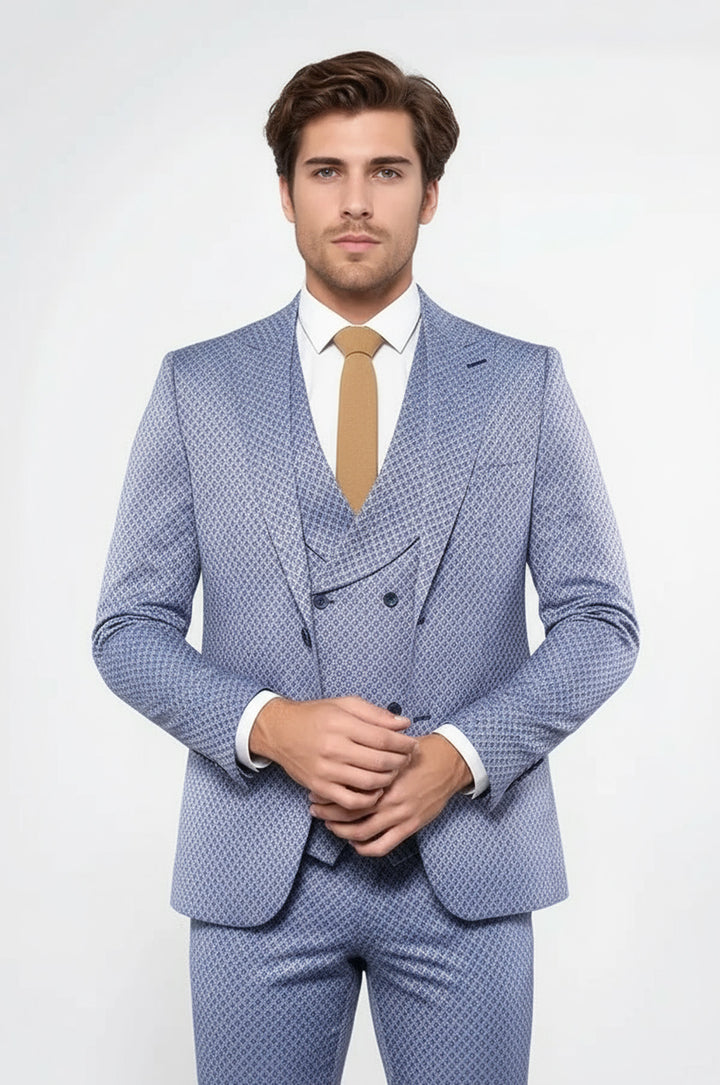 Traje azul con chaleco y estampado propio | Wessi