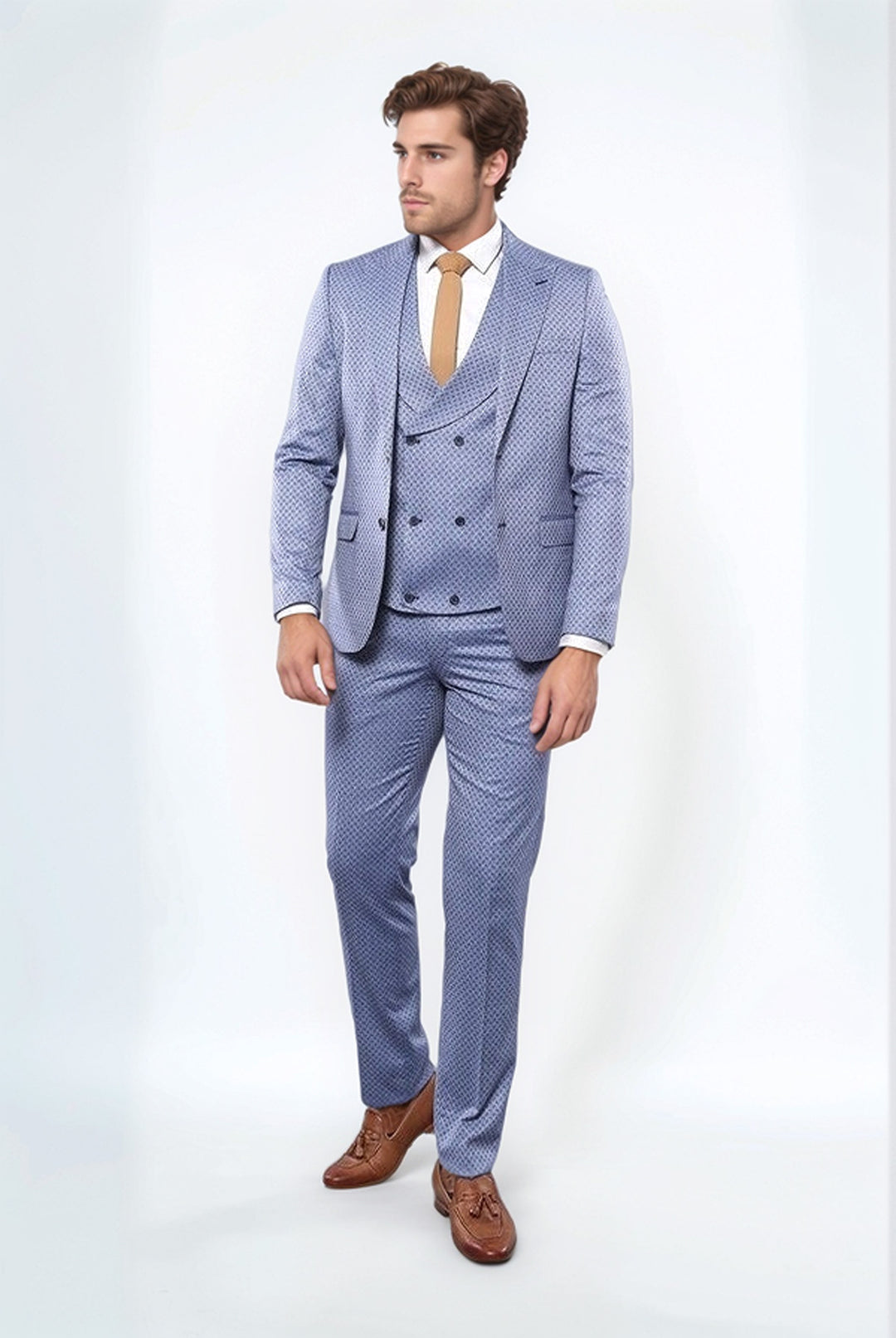 Traje azul con chaleco y estampado propio | Wessi