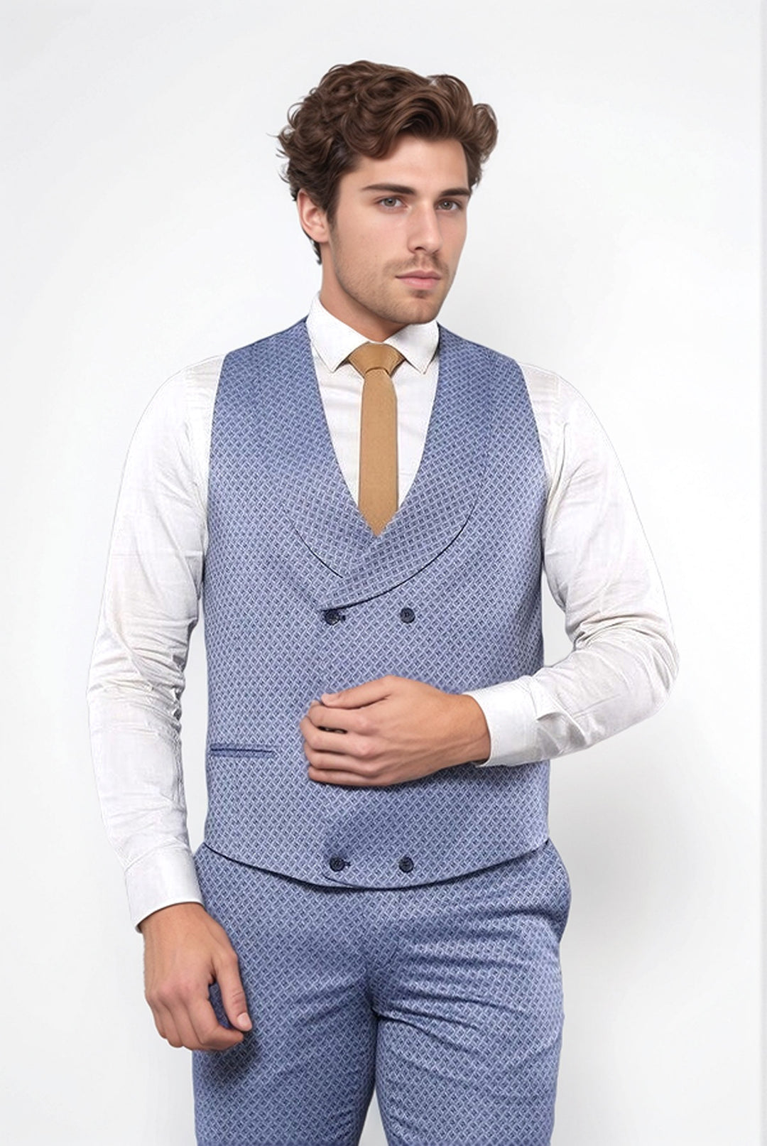 Traje azul con chaleco y estampado propio | Wessi