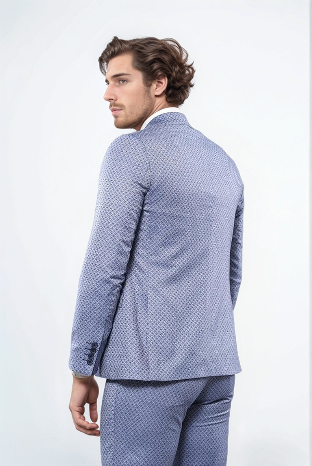 Traje azul con chaleco y estampado propio | Wessi