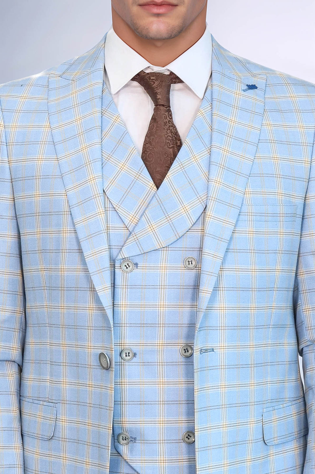 Baby Blue Checked Three Pieces Of Suit | Wessi