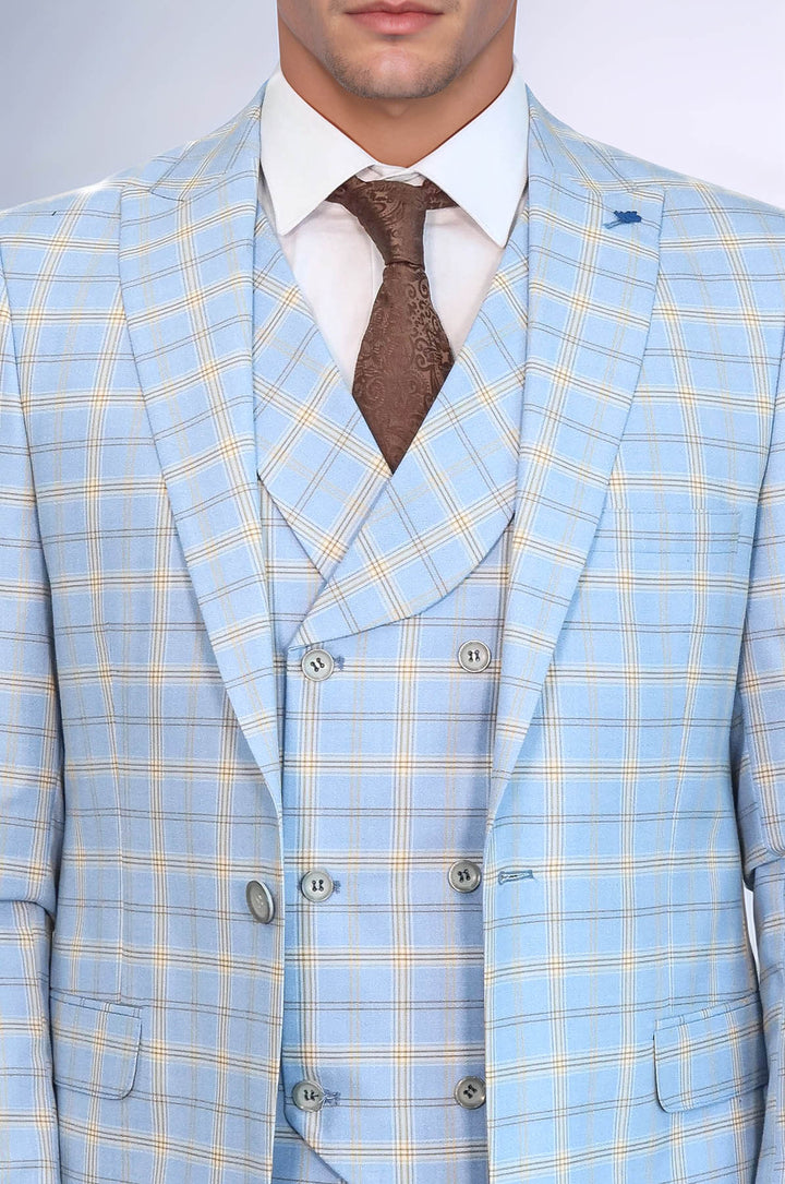 Baby Blue Checked Three Pieces Of Suit | Wessi