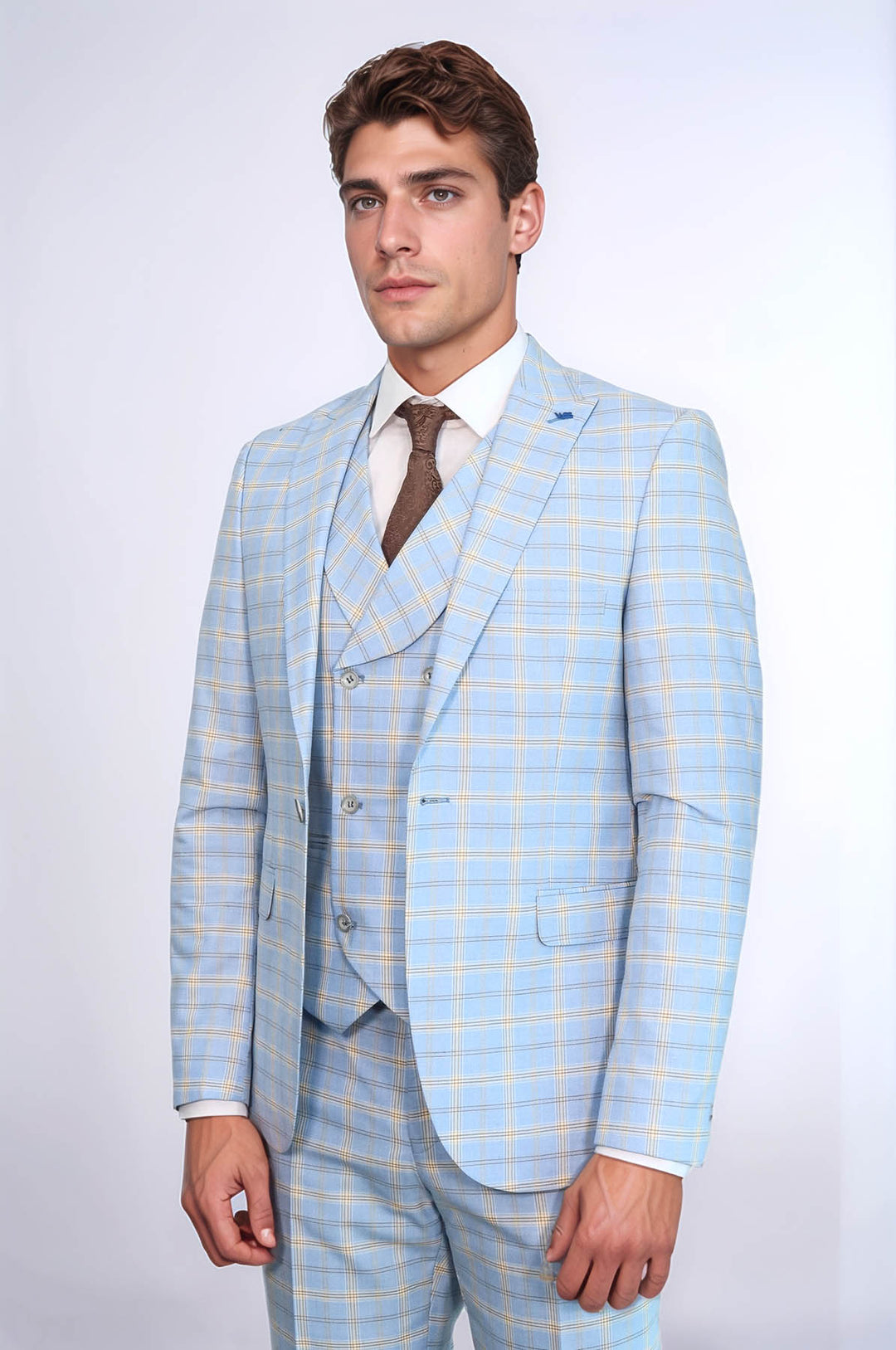 Baby Blue Checked Three Pieces Of Suit | Wessi