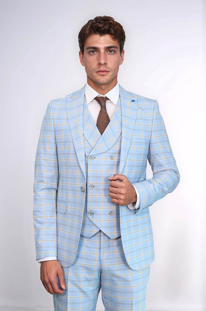 Baby Blue Checked Three Pieces Of Suit | Wessi