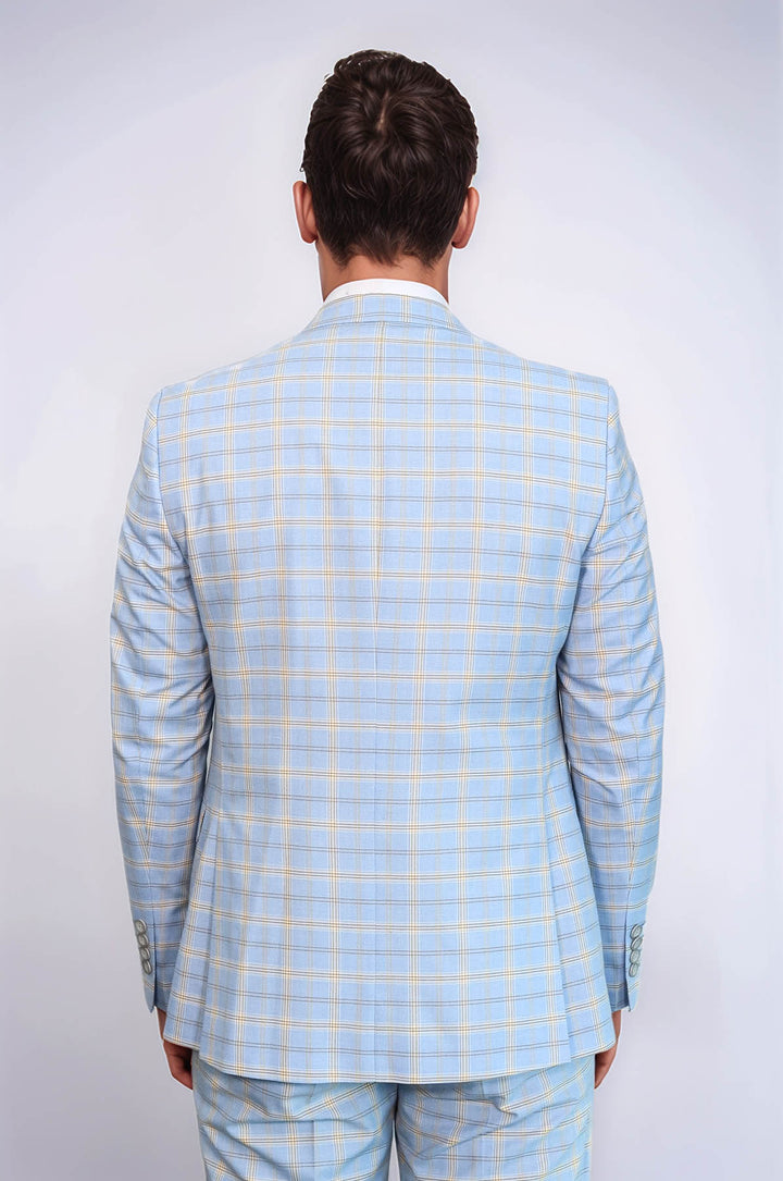 Baby Blue Checked Three Pieces Of Suit | Wessi