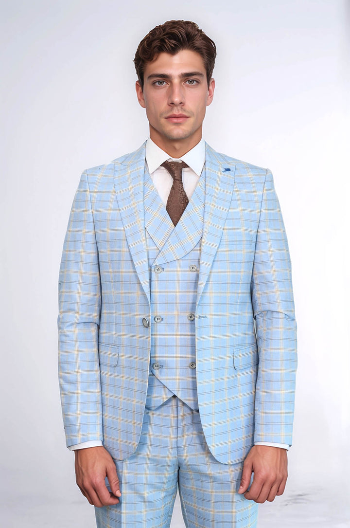 Baby Blue Checked Three Pieces Of Suit | Wessi