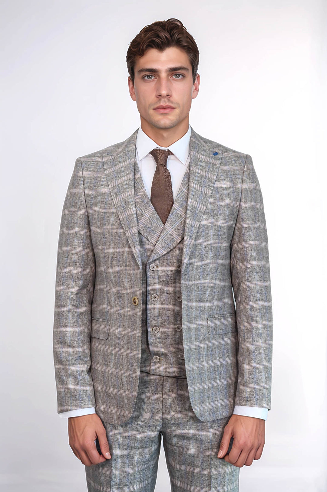 Single Button Peak Lapel 3-Piece Suit in Beige- Wessi
