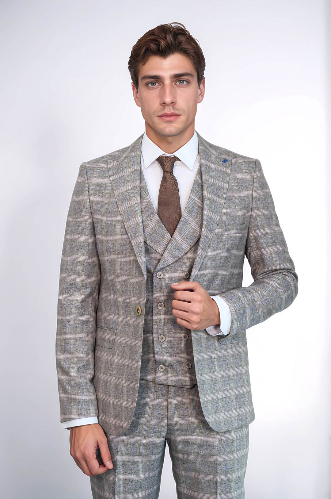 Single Button Peak Lapel 3-Piece Suit in Beige- Wessi