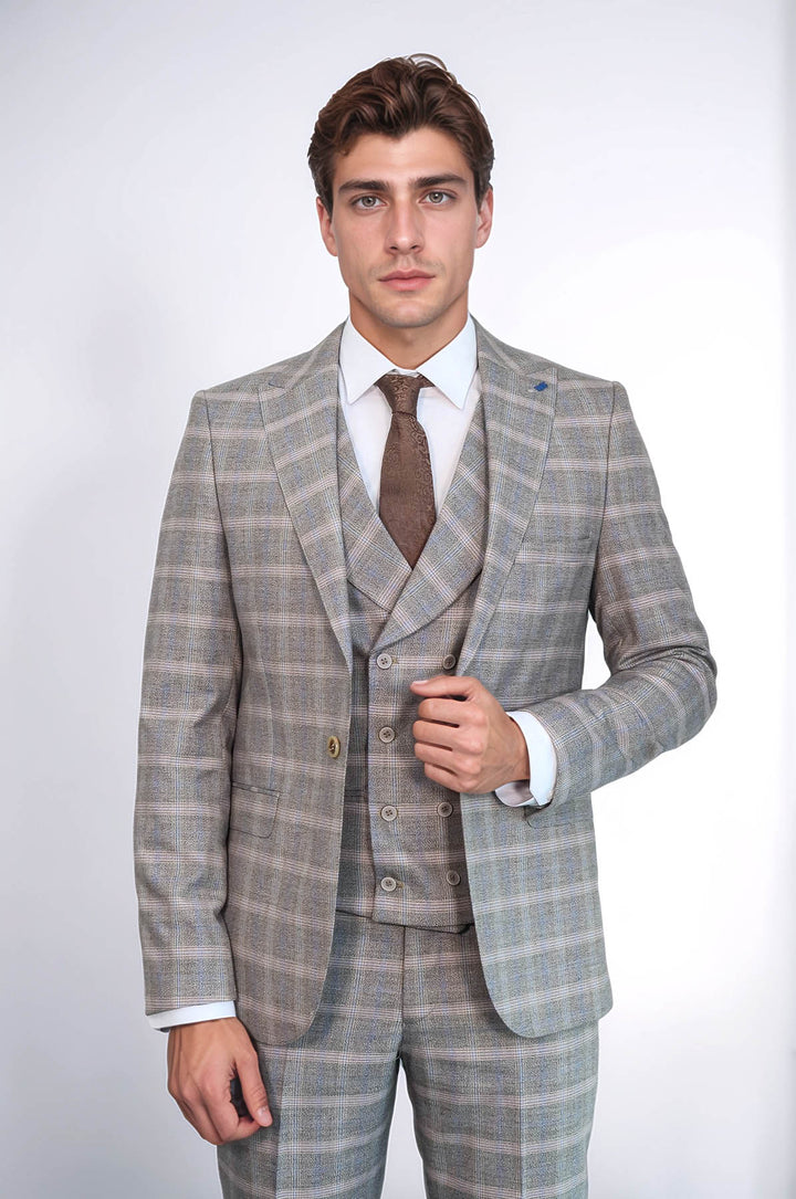 Single Button Peak Lapel 3-Piece Suit in Beige- Wessi