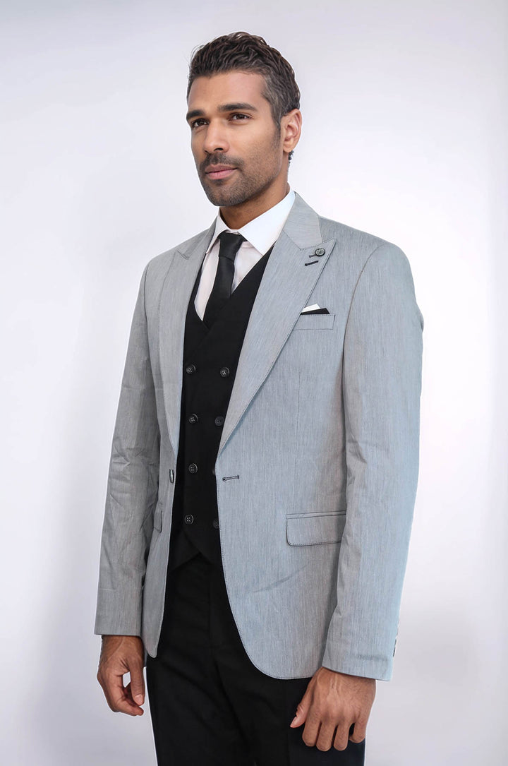 Traje de hombre gris con chaleco cruzado negro - Wessi