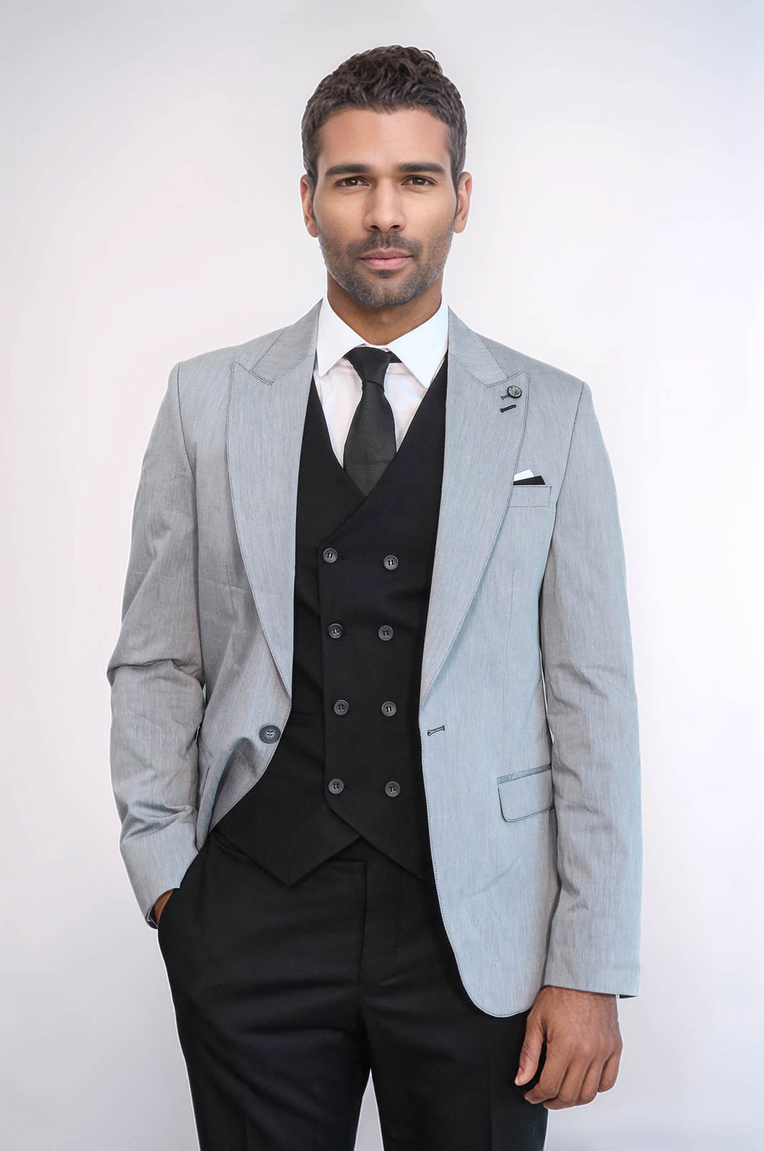 Traje de hombre gris con chaleco cruzado negro - Wessi