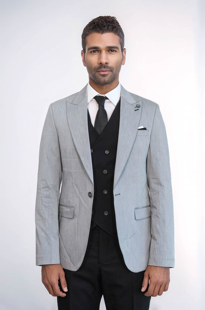 Traje de hombre gris con chaleco cruzado negro - Wessi