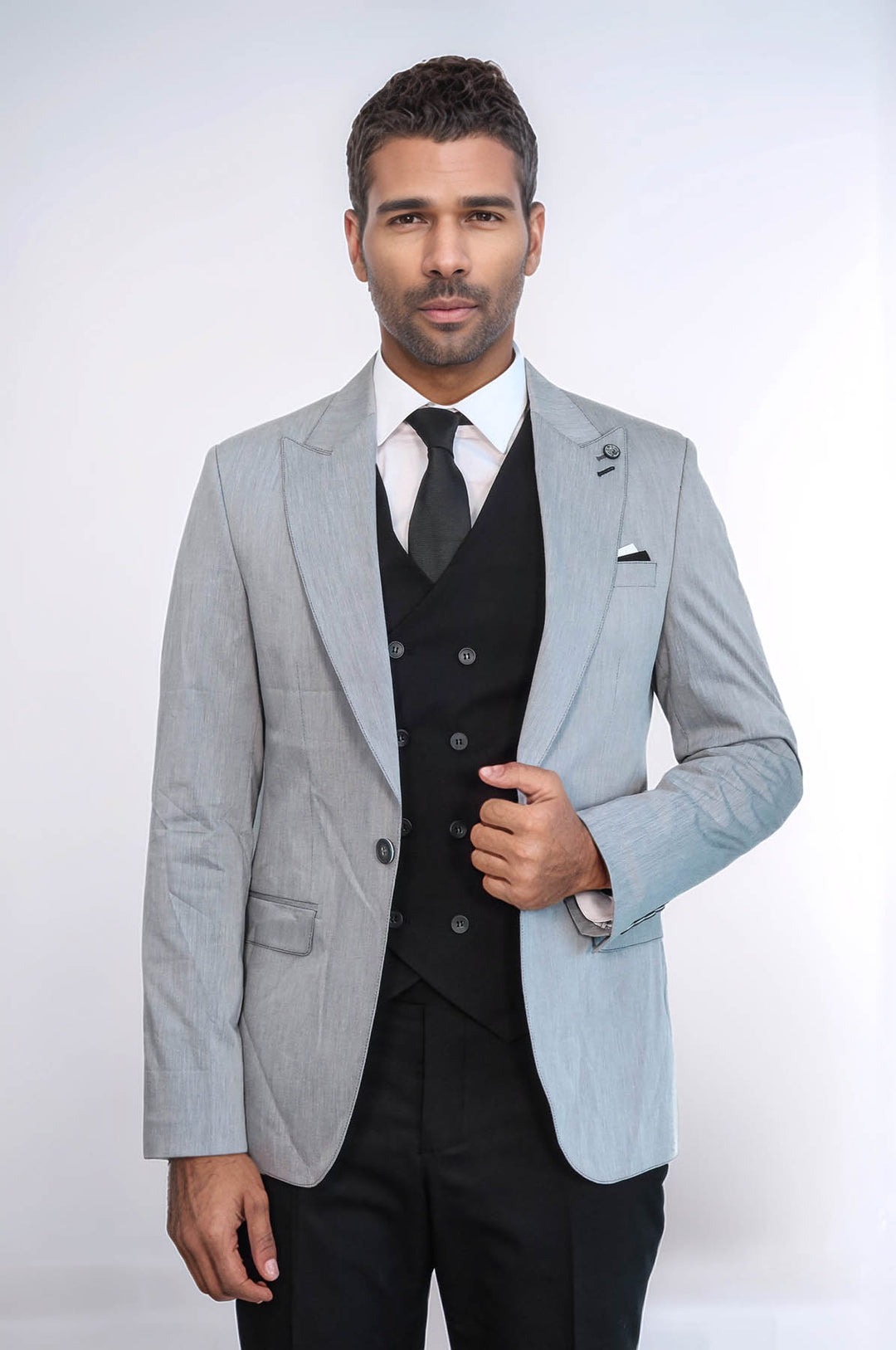 Traje de hombre gris con chaleco cruzado negro - Wessi