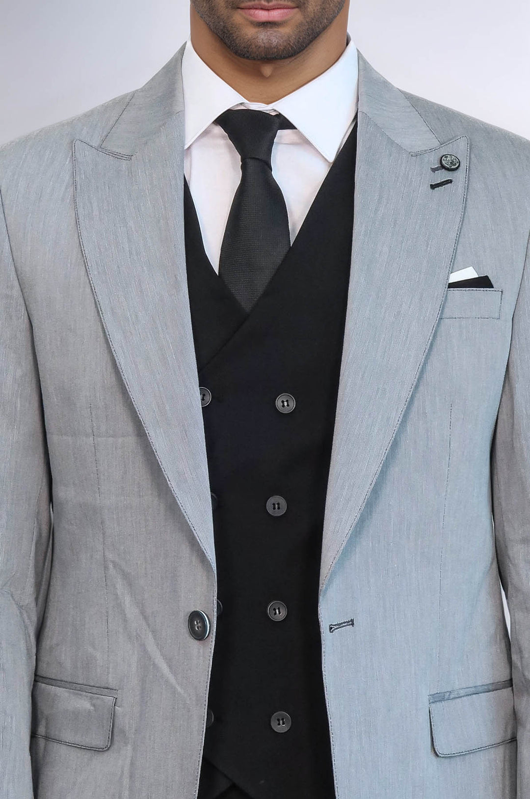 Traje de hombre gris con chaleco cruzado negro - Wessi