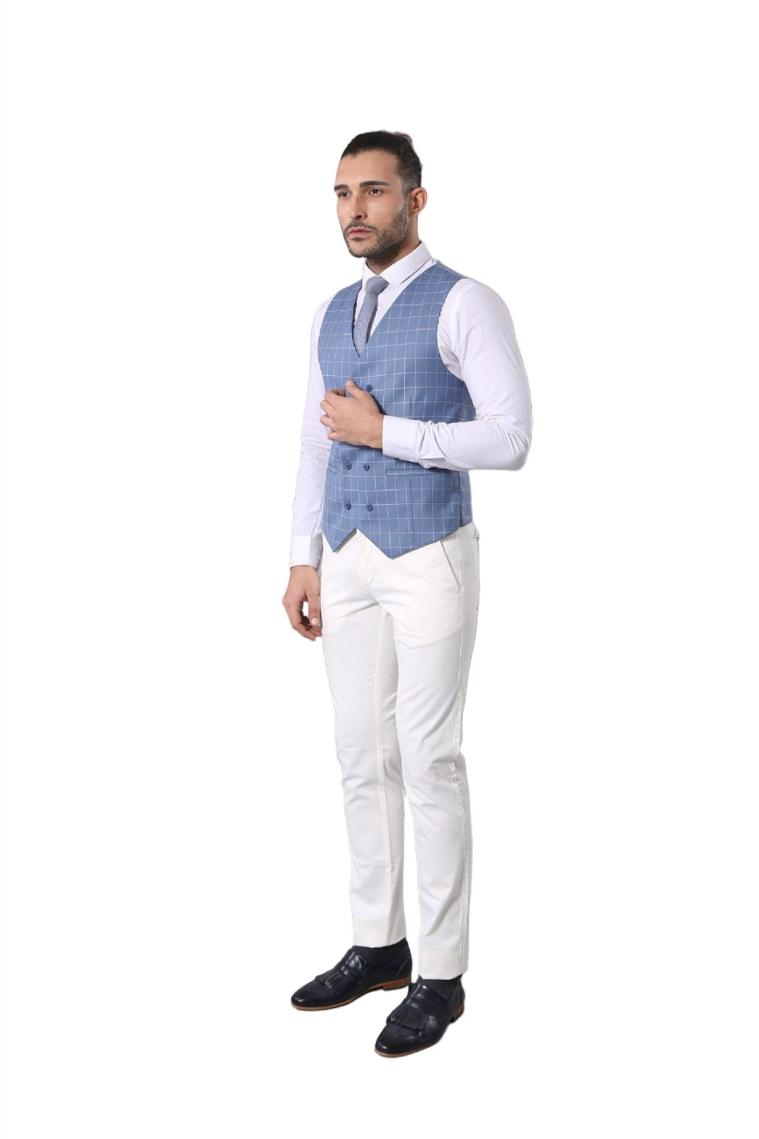 Single Button Pointed Collar Plaid Suit Vest Light Blue Suit-Wessi