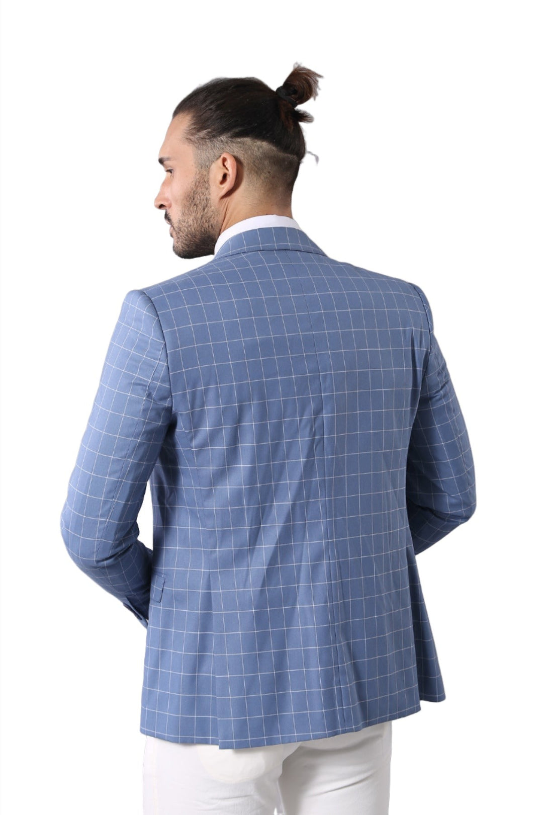 Single Button Pointed Collar Plaid Suit Vest Light Blue Suit-Wessi