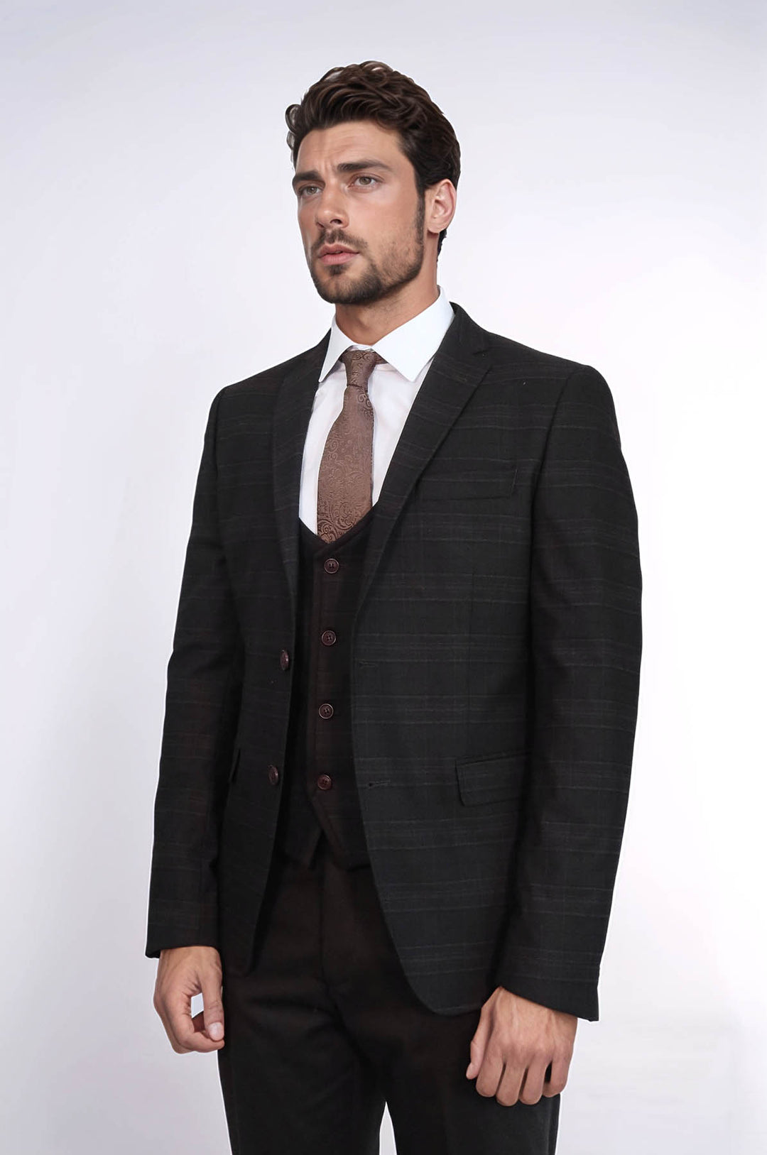 Traje de invierno de tres piezas para hombre a cuadros marrones - Wessi