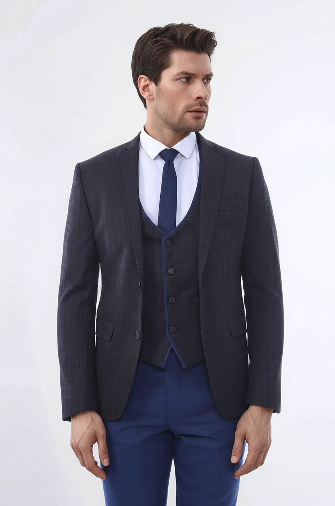 Kahverengi Ekose Erkek Kış 3 Parça Takım Elbise - Wessi