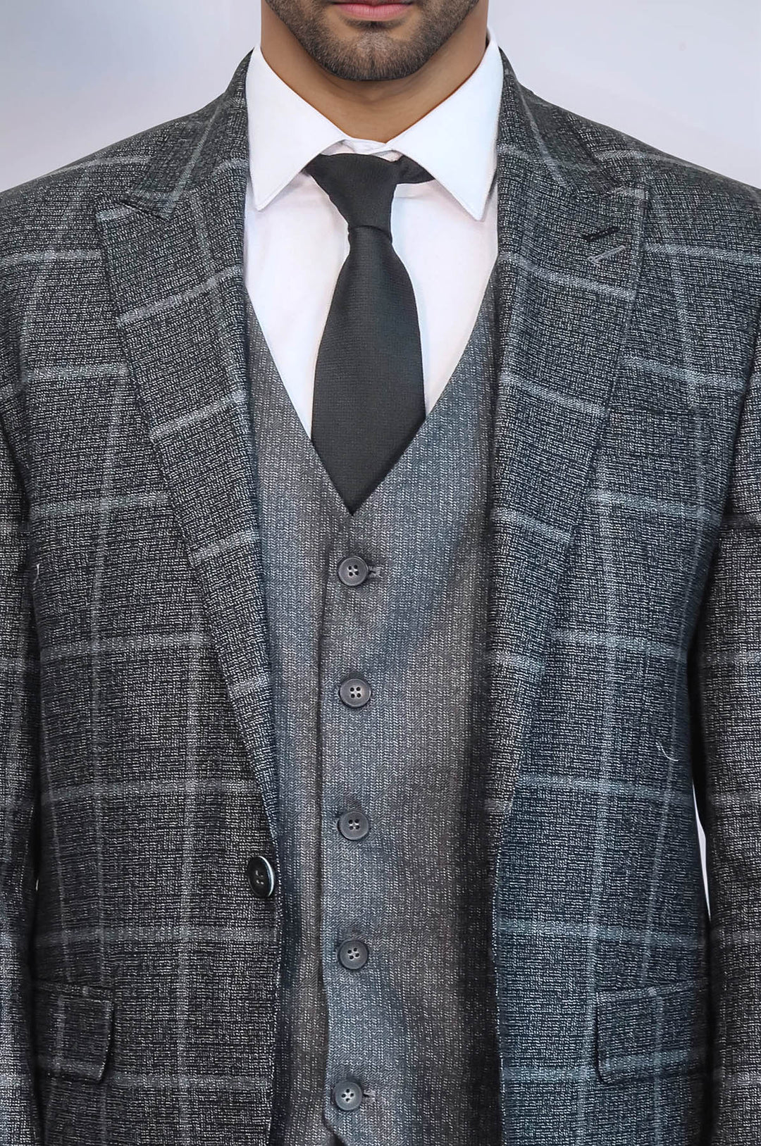 Traje de tres piezas de cuadros azul antracita de corte entallado - Wessi